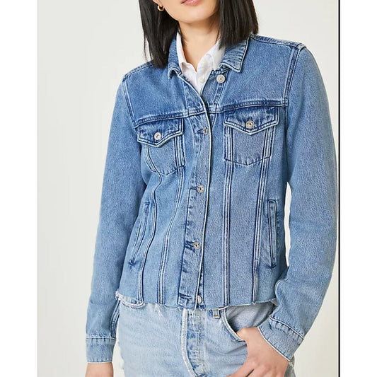 Paige Rowan Pearl Blue Denim Trucker Raw Hem Jacket XS