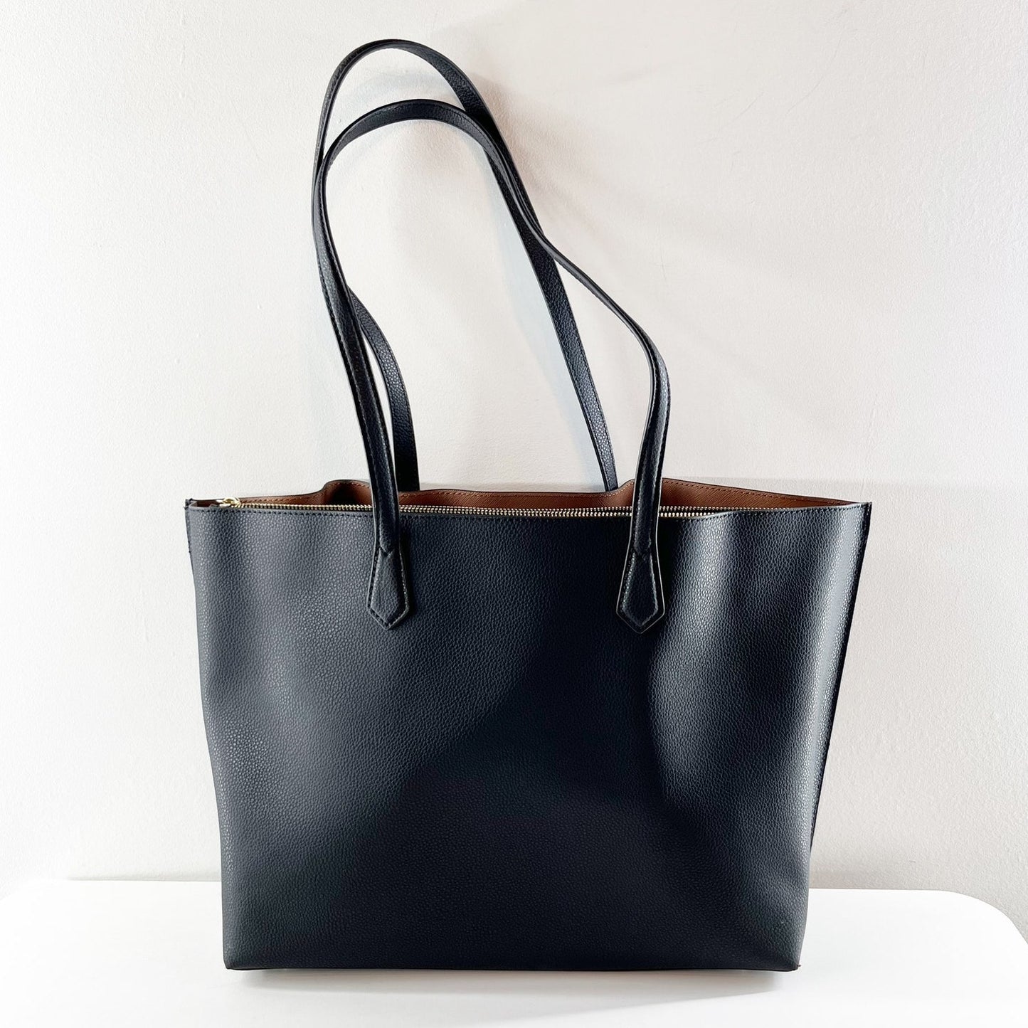 Quince Adeline Leather Triple Compartment Shopper Tote Handbag Purse Black