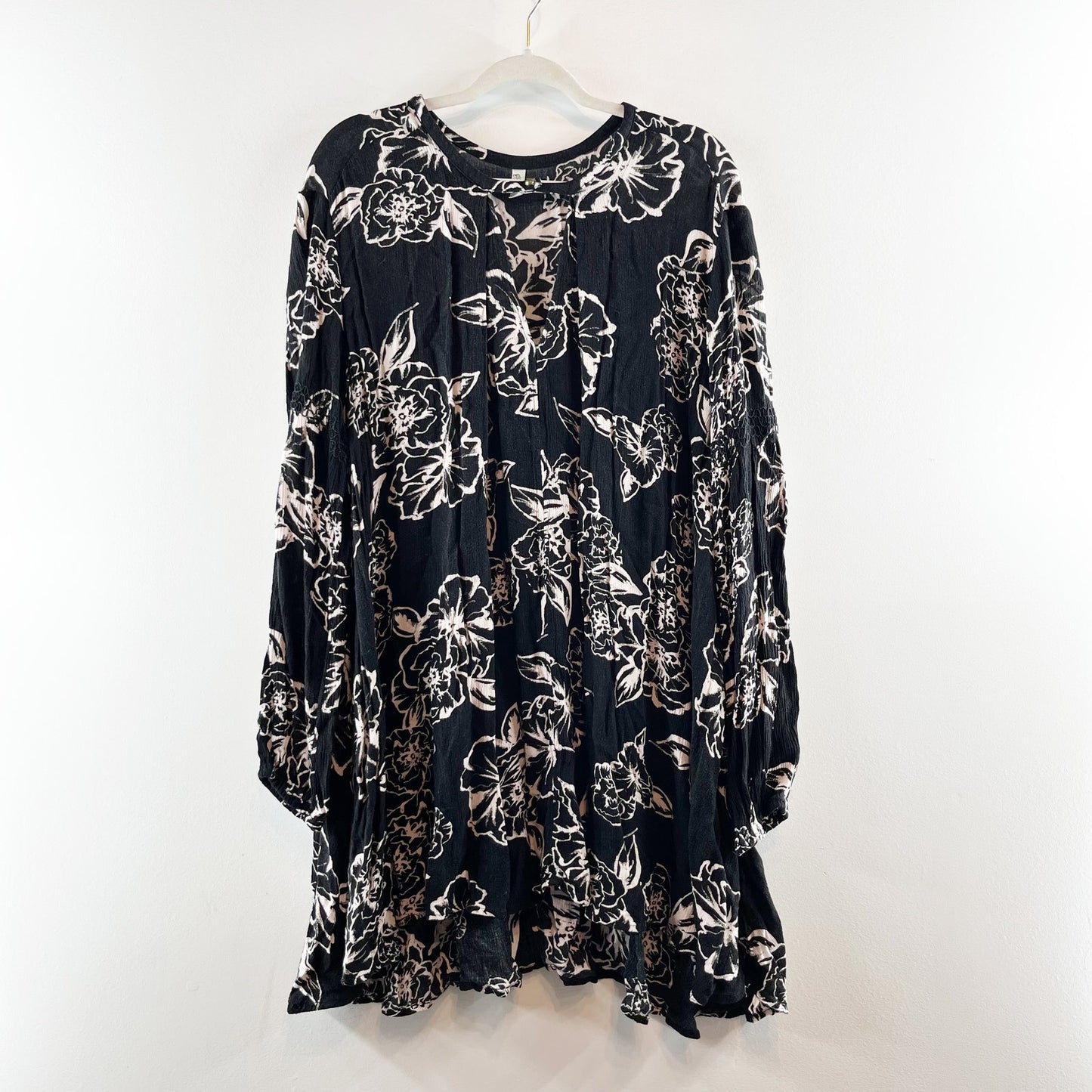 Free People Snap Out of It Floral 3/4 Sleeve Swing Tunic Mini Dress Black Large