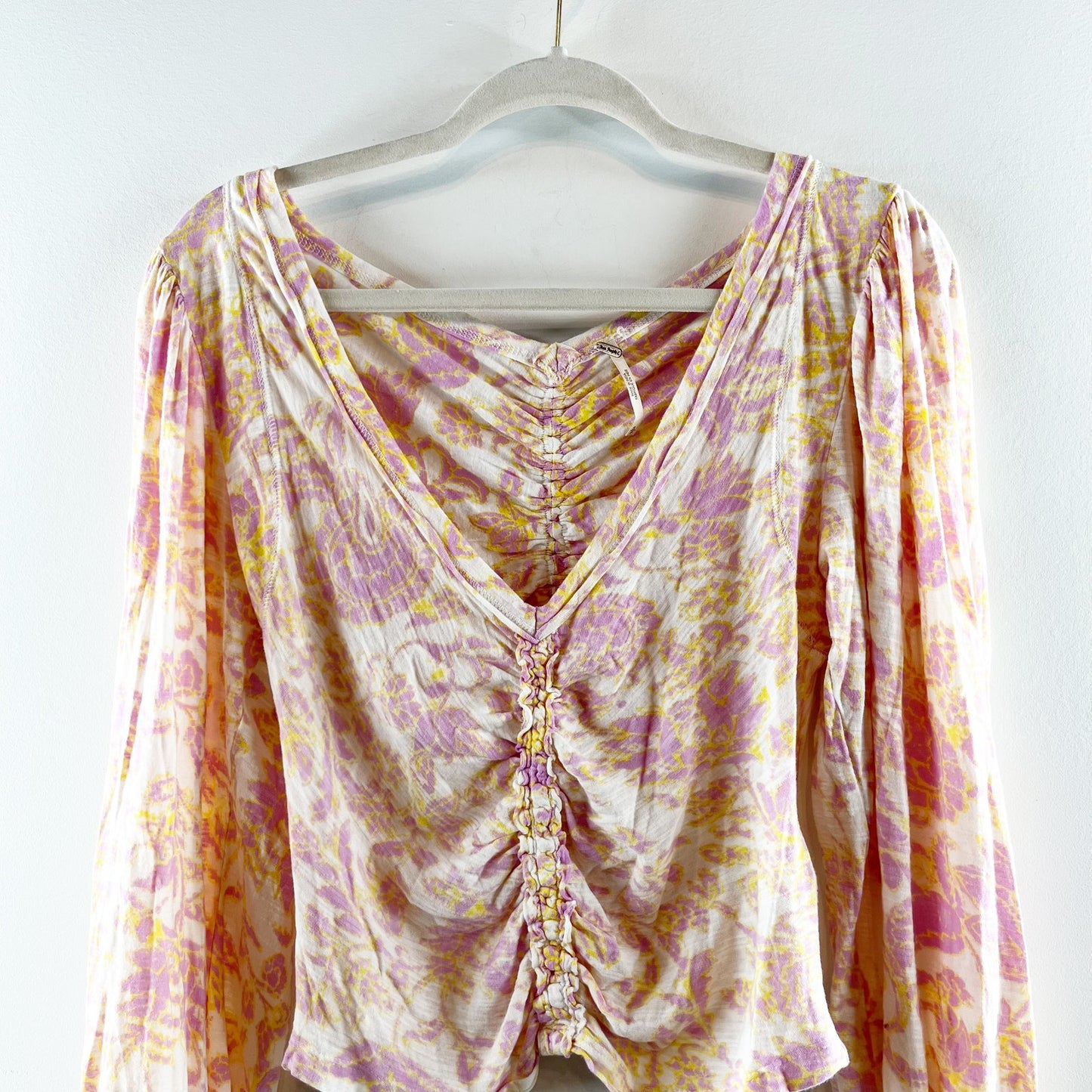 Free People Say The Word Ruched Floral Long Sleeve Top Pink Yellow Small