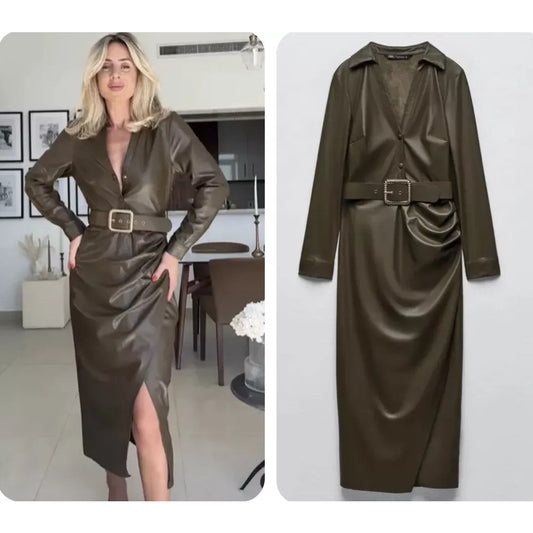 Zara Faux Leather Long Sleeve V-Neck Slit Belted Midi Shirt Dress Olive Green XS