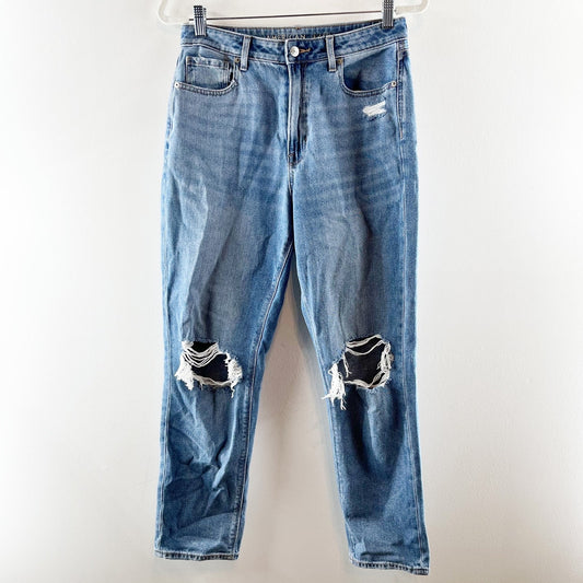 American Eagle High Rise Distressed Busted Knees Mom Jeans Blue 8