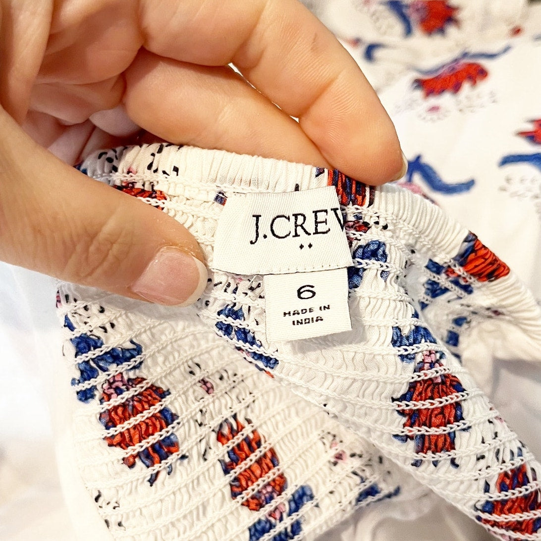 J. Crew Ruffle Strap Floral Print Square Neck Cotton Midi Dress White Red Blue 6