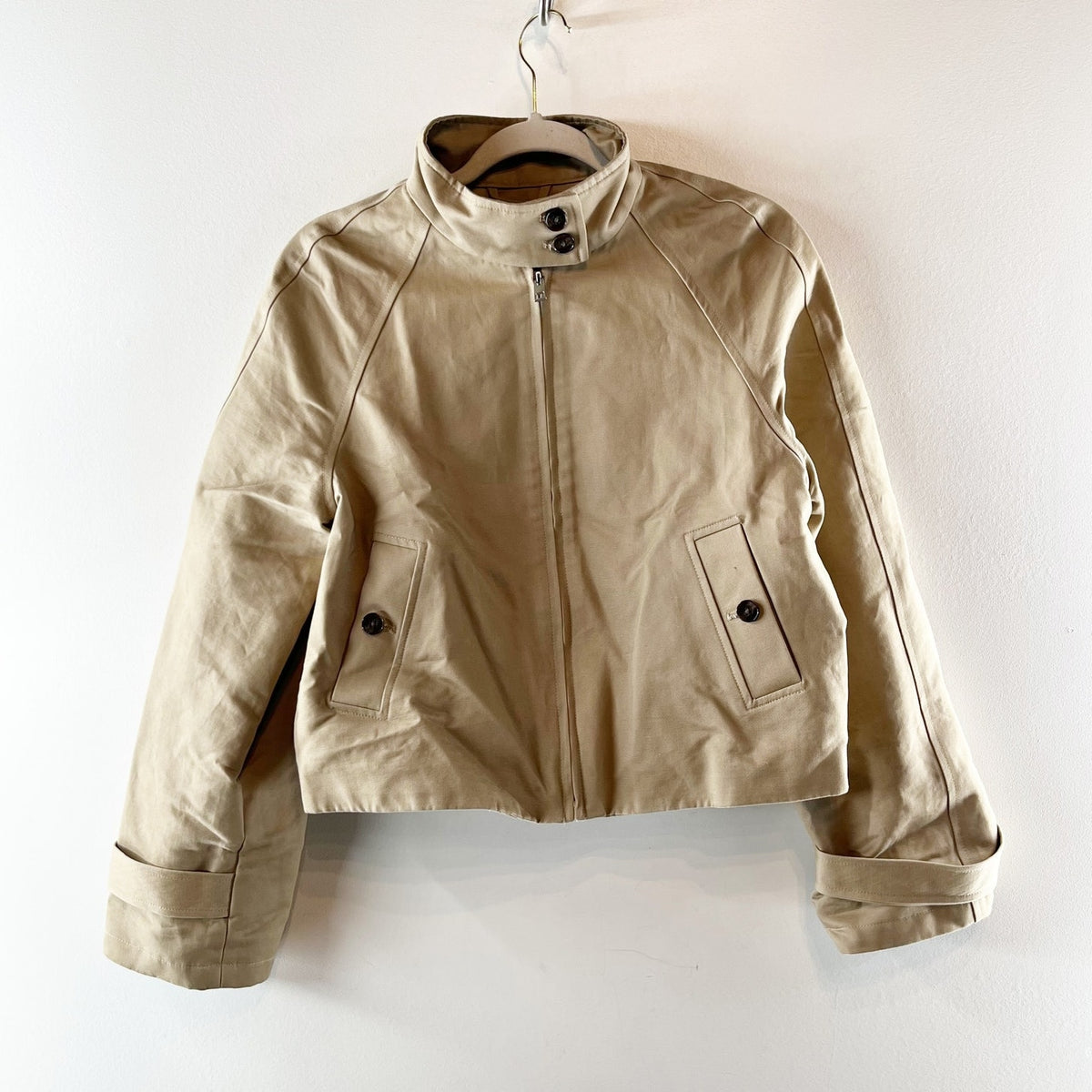 M&S Stand Collar Bomber Cropped Trench Coat Jacket Tan Beige 4