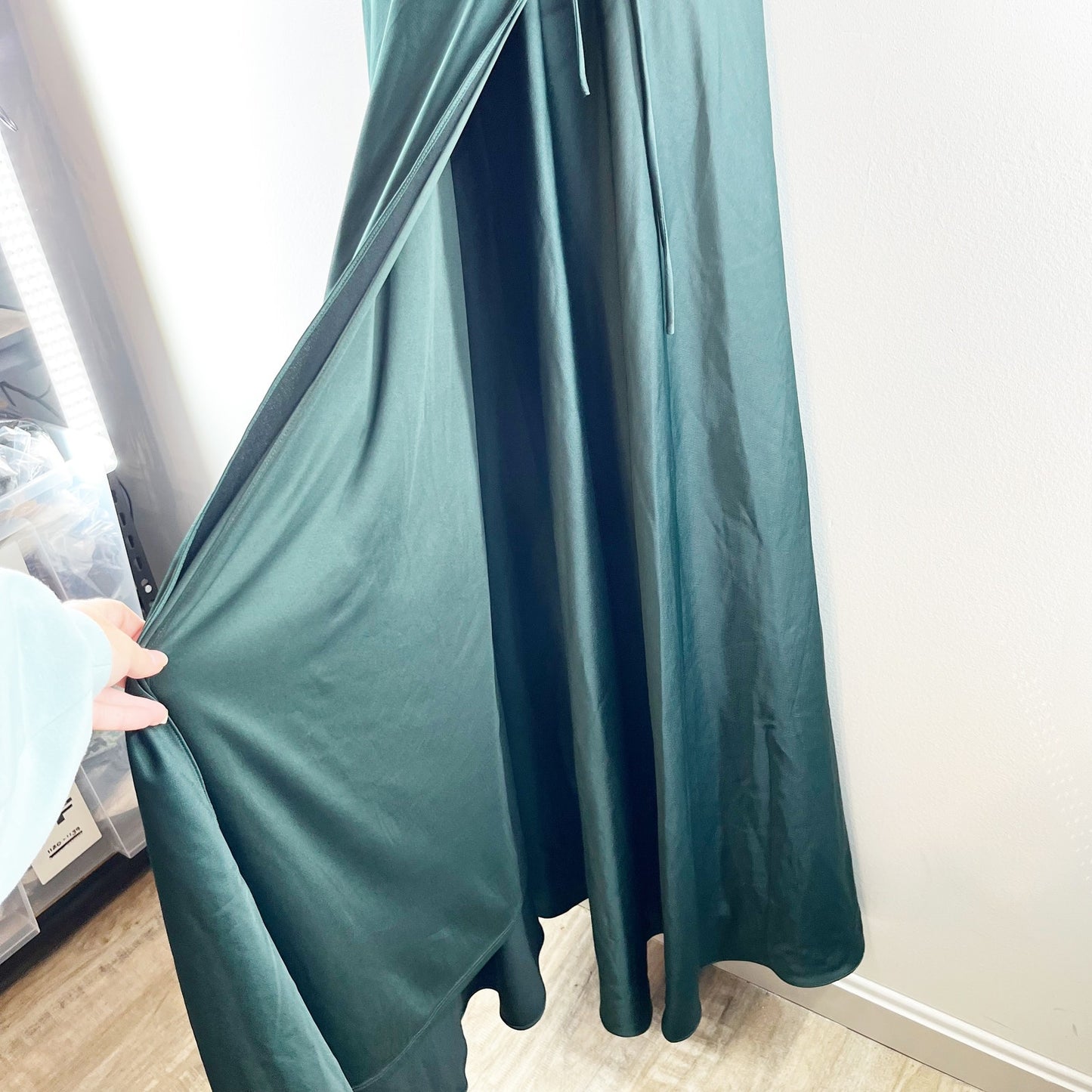 BHDLN Anthropologie Ruffle Wrap Maxi Satin Formal Dress Green 8