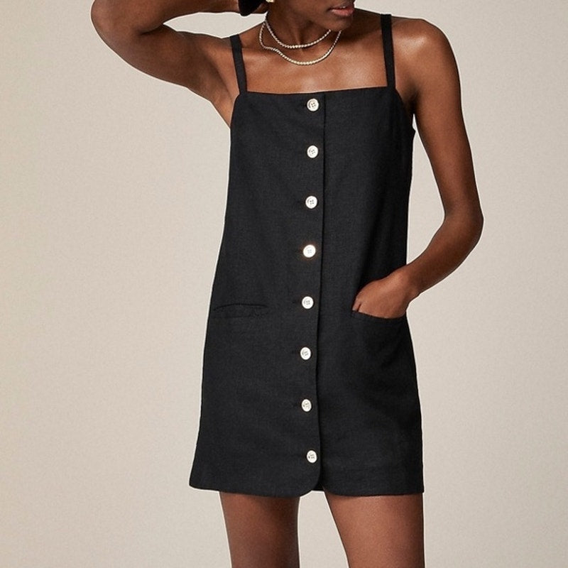 J. Crew Claudia Linen Square Neck Button Up Mini Dress Black Large