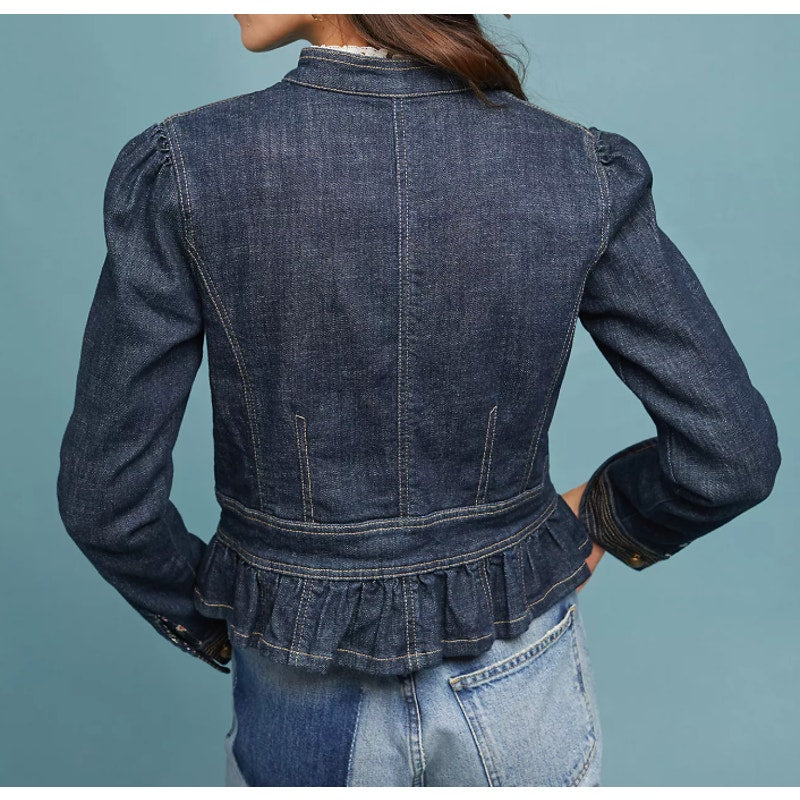 Pilcro and the Letterpress Anthropologie Peplum Military Jean Jacket Blue Small