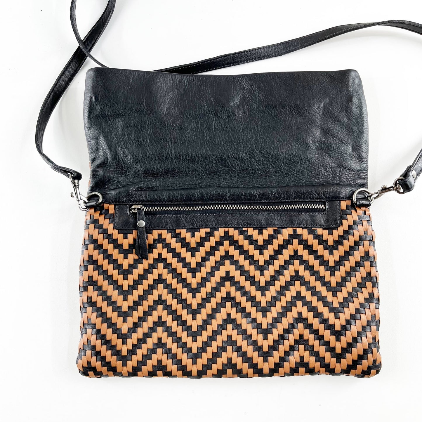 Eileen Fisher Chevron Crossbody Foldover Purse Bag Leather Brown Black