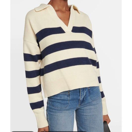 Velvet by Graham & Spencer Lucie Striped Polo Sweater Cream Blue XS