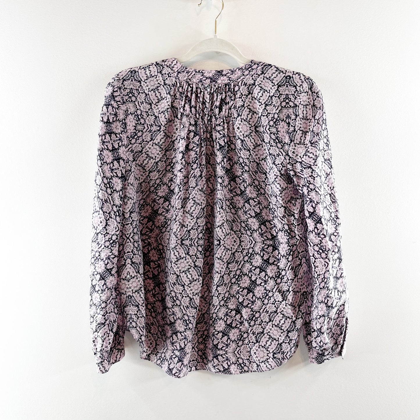 Rebecca Taylor Long Sleeve Printed V Neck Silk Blouse Top Pink Blue 4