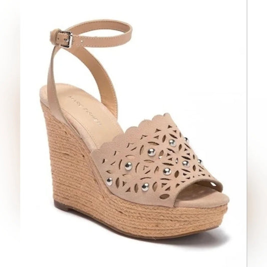 Marc Fisher Hata Laser Cut Studded Espadrille Wedge Sandals Heels Tan Beige 8