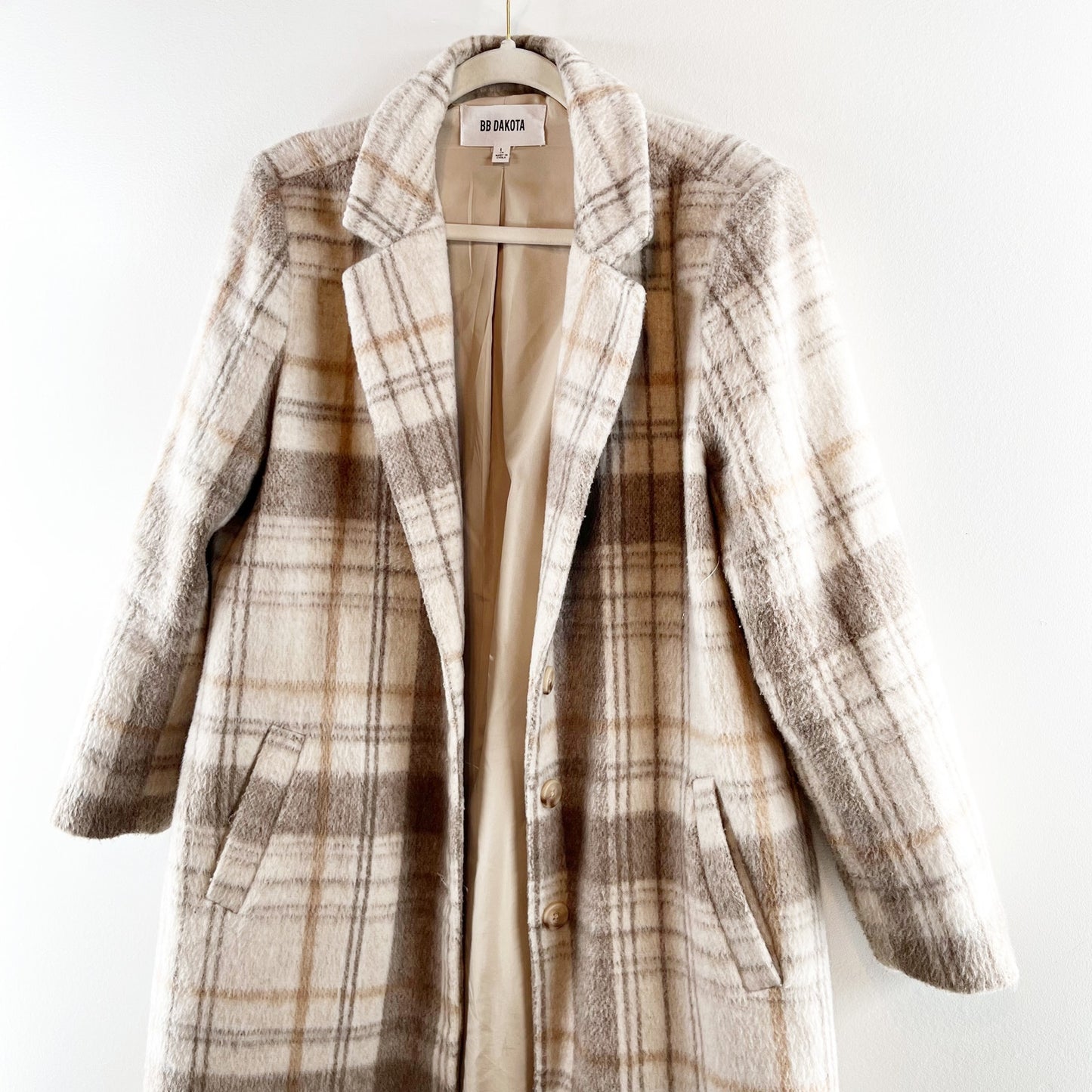BB Dakota Plaid To Be Said Long Sleeve Notch Lapel Overcoat Peacoat Tan Large