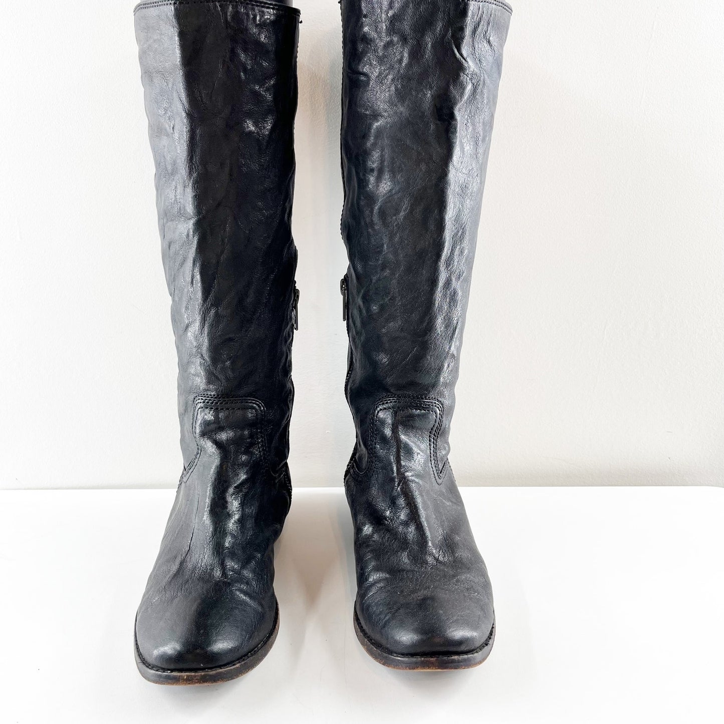 FRYE Anna Round Toe Flat Leather Riding Equestrian Knee High Boots Black 8