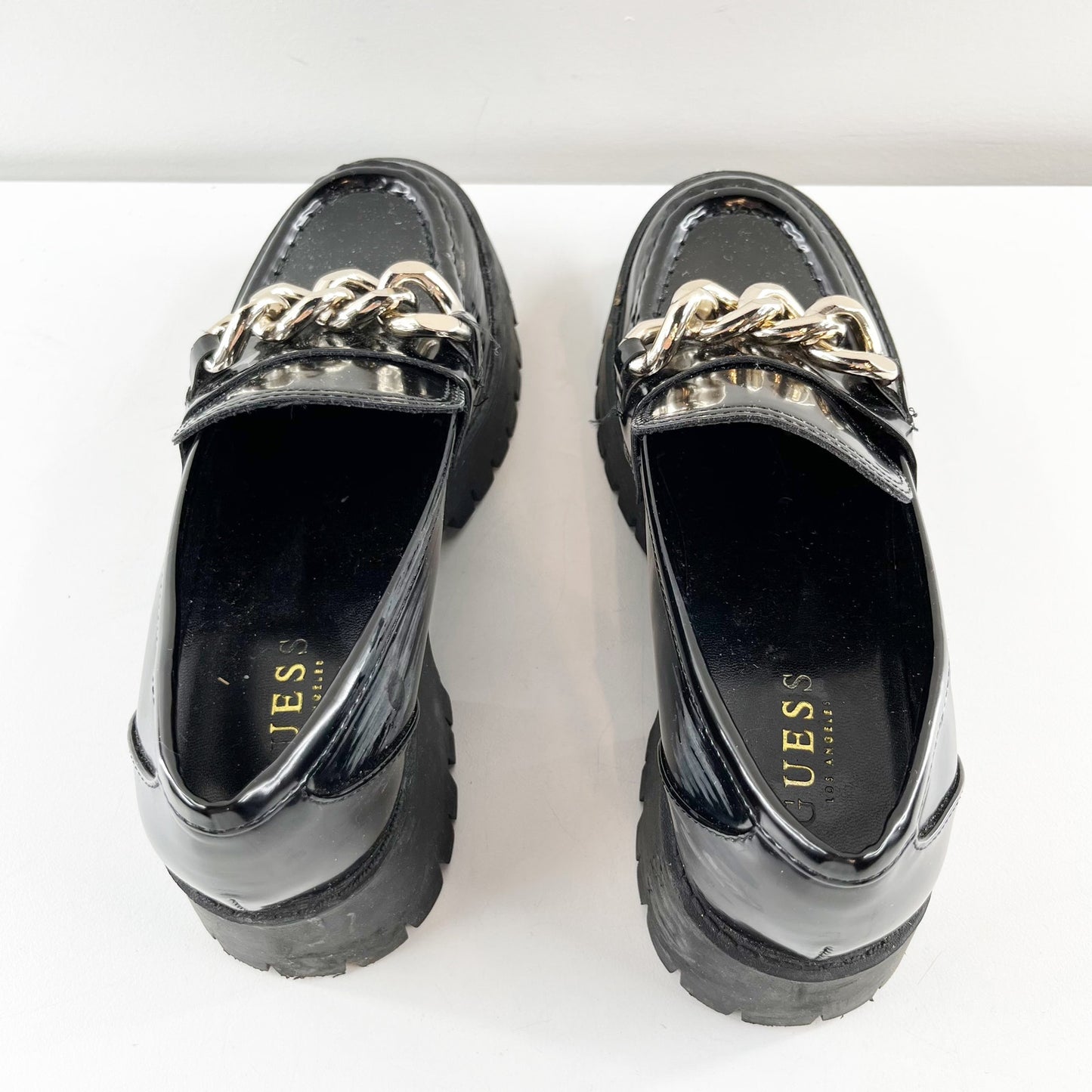 Guess Hillford Chunky Patent Gold Chain Loafer Platform Shoes Black 8