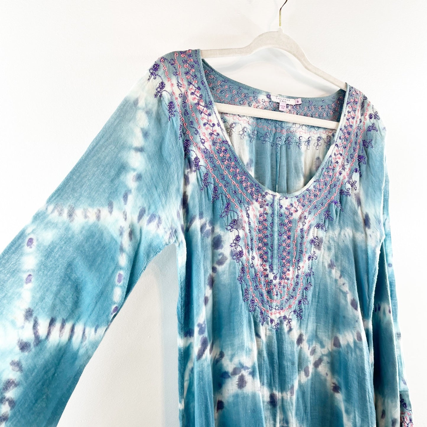 Calypso St. Barth Tie Dye Long Sleeve Scoop Neck Maxi Cover Up Dress Blue Large