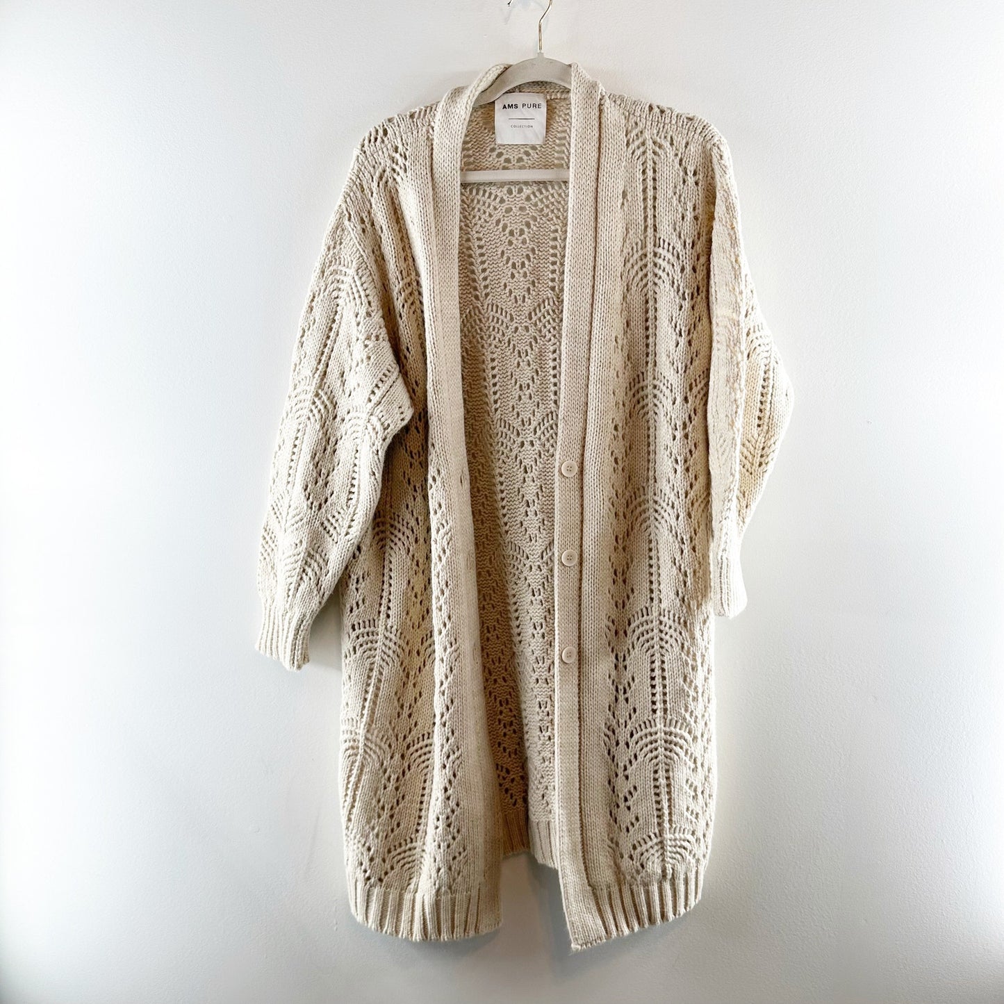 AMS Pure Longline Duster Pointelle Knit Button Up Cardigan Sweater Beige Medium