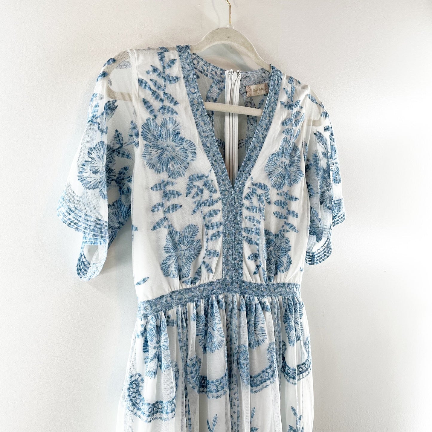 Altar'd State Short Sleeve Embroidered Sheer Boho Lace Catania Maxi Dress Blue S