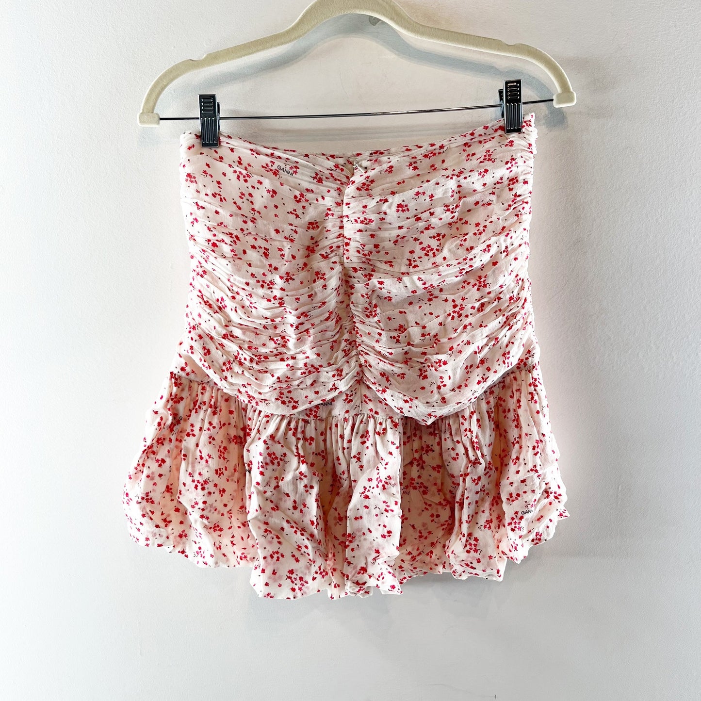 Ganni Georgetti Floral Print High Waisted Ruched Mini Skirt Pink White 34