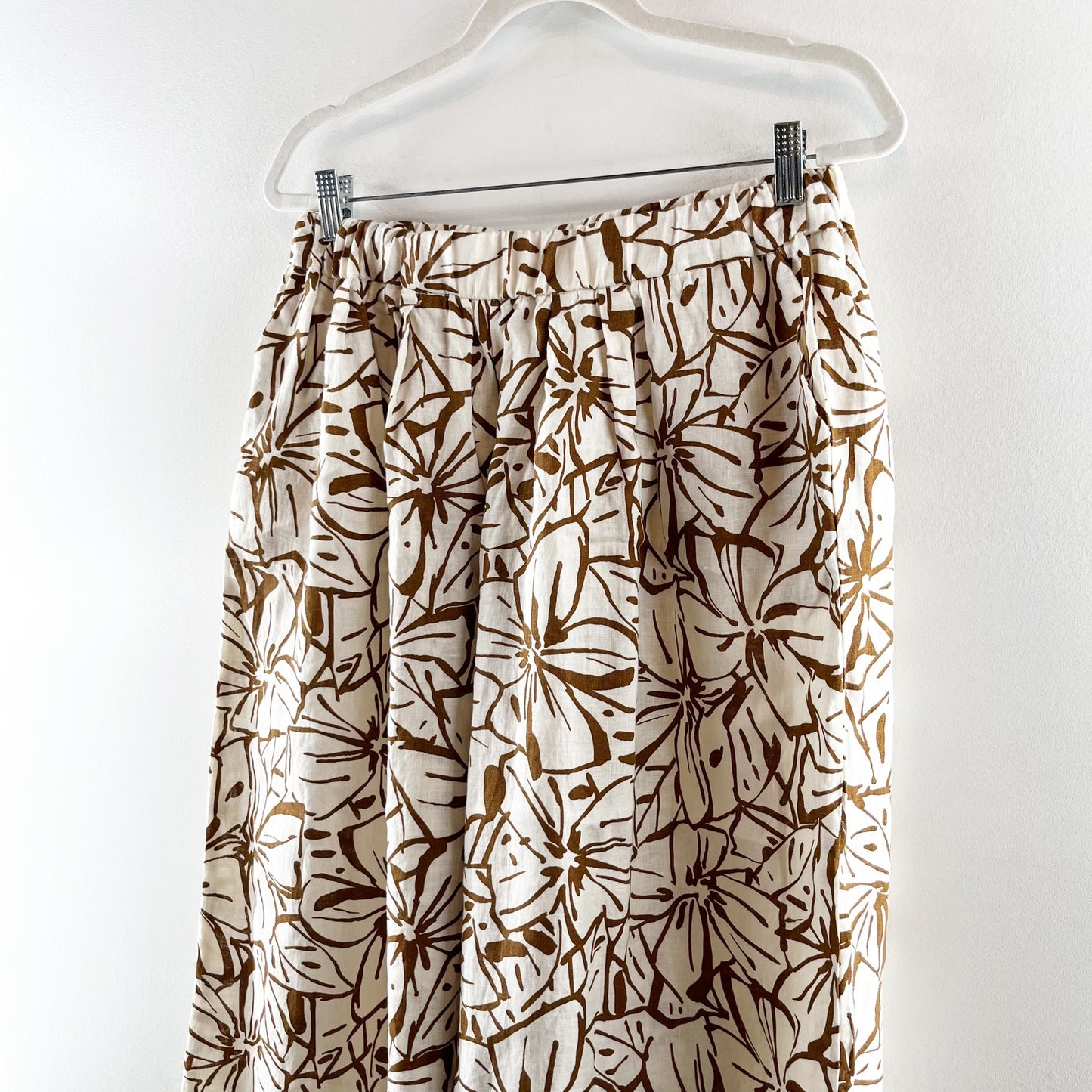 Magaschoni Linen Floral Pull On High Waisted Cropped Wide Leg Pants Brown Large