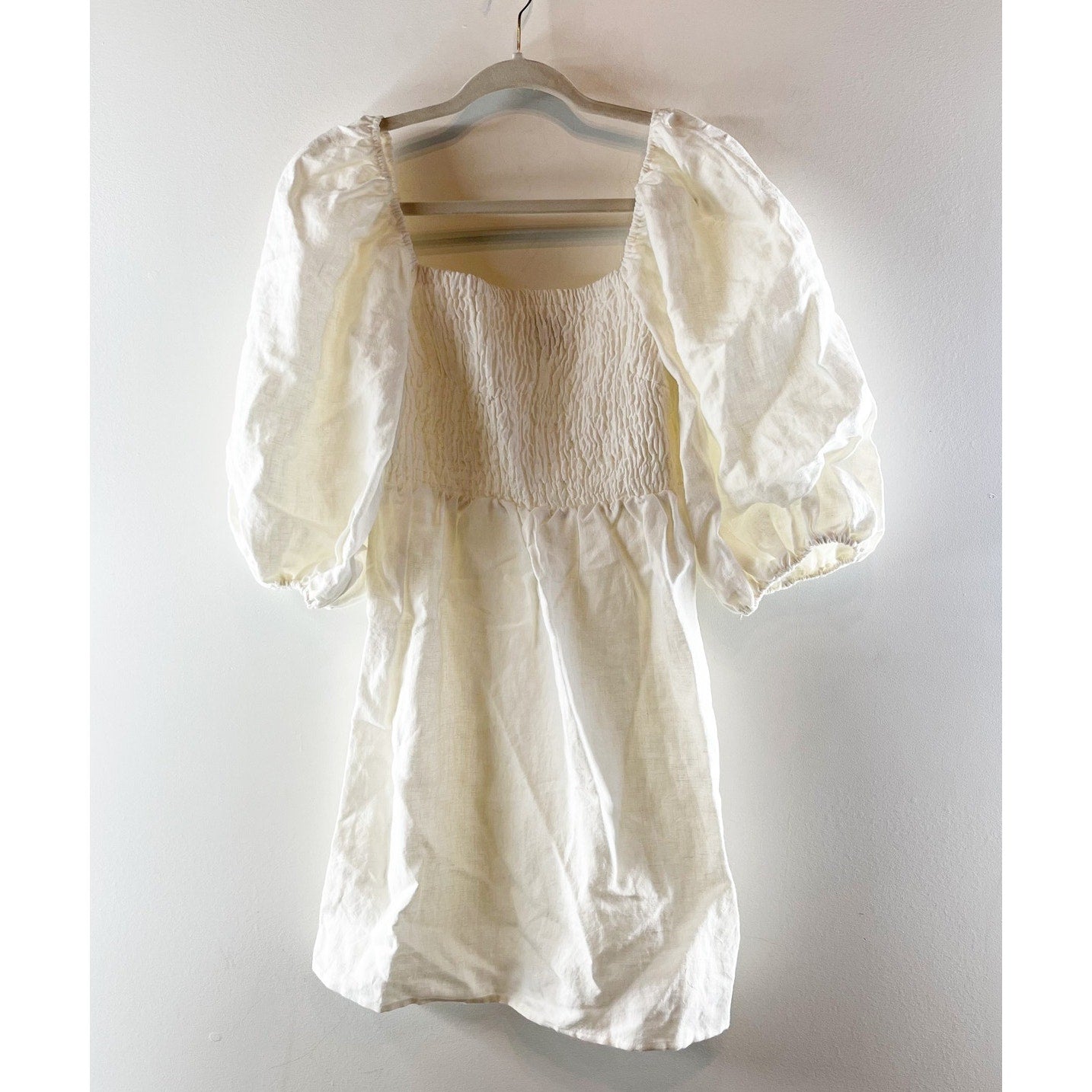 Tuckernuck Linen Square Neck Elbow Length Puff Sleeve Mini Dress Ivory Small