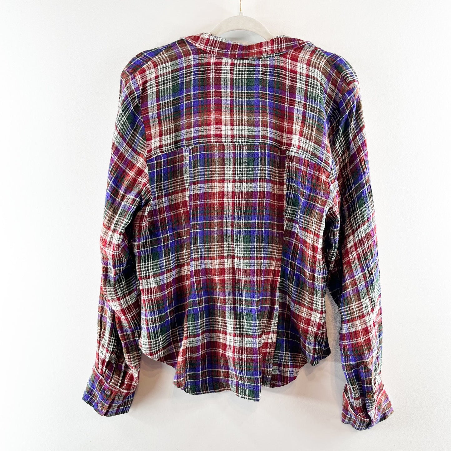 Anthropologie Pilcro Ruched Deep V Plaid Buttondown Shirt Blue Red Large