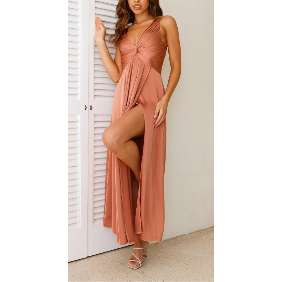 Hello Molly Piece Of Your Love Satin Maxi Dress Rust Coral Peach Pink 2