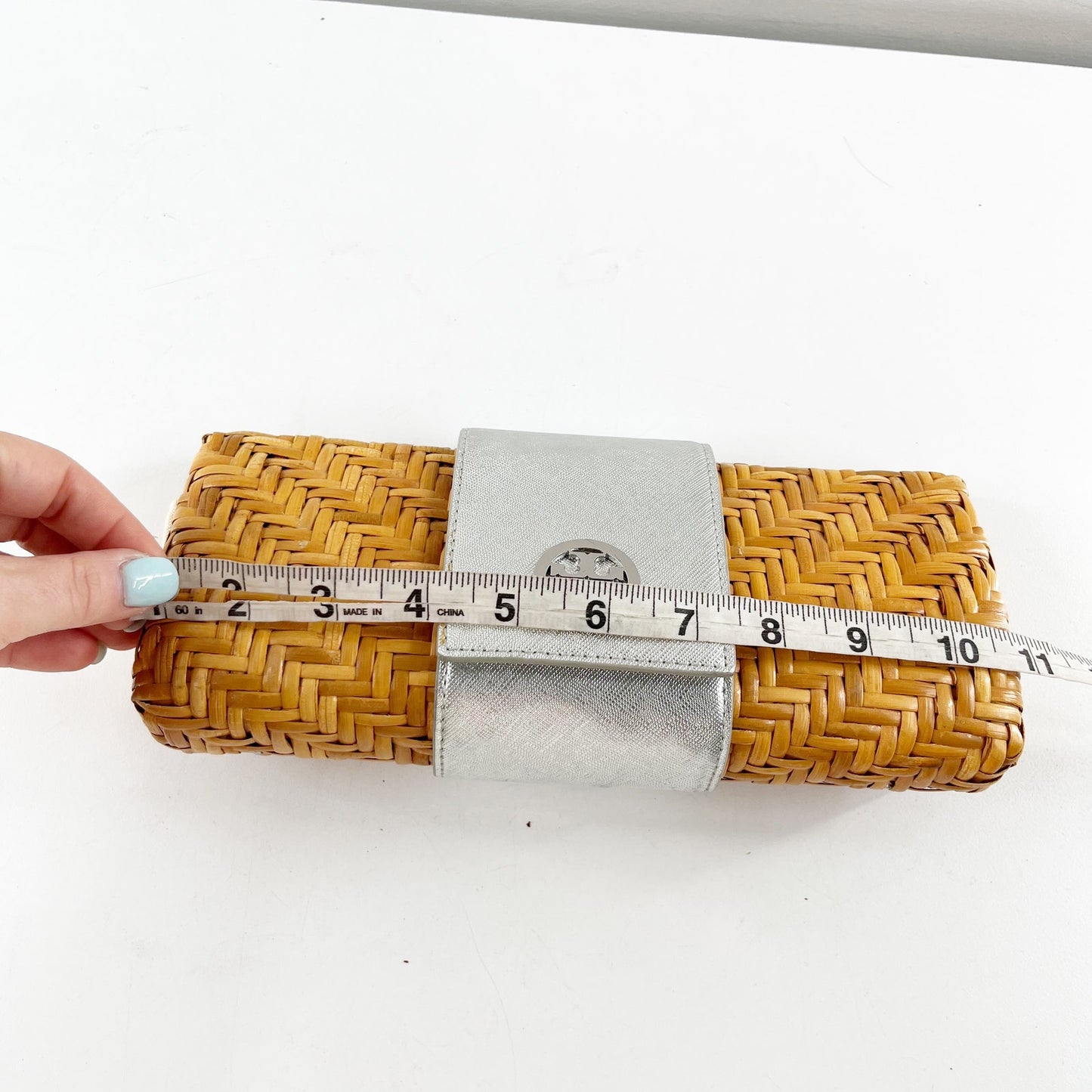 Tory Burch Raffia Rattan Clutch Metallic Silver Tan