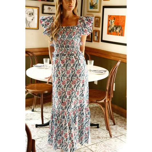 Anna Cate Collection Gisele Floral Flutter Sleeve Maxi Sundress Blue Pink XS