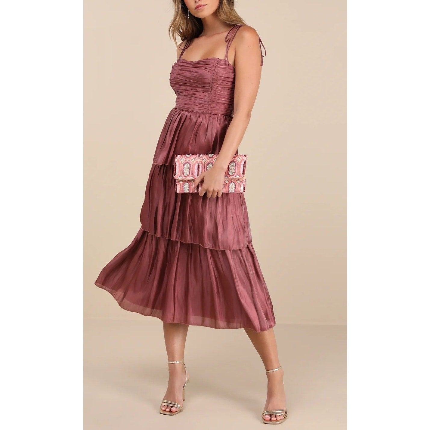 Lulus Tennon Dusty Rose Plisse Tiered Midi Dress Pink Mauve Large