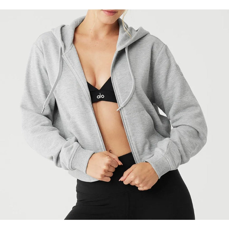 Alo Routine Cropped Full Zip Up Hoodie Sweatshirt Athletic Heather Gray Small