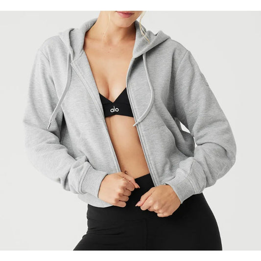 Alo Routine Cropped Full Zip Up Hoodie Sweatshirt Athletic Heather Gray Small