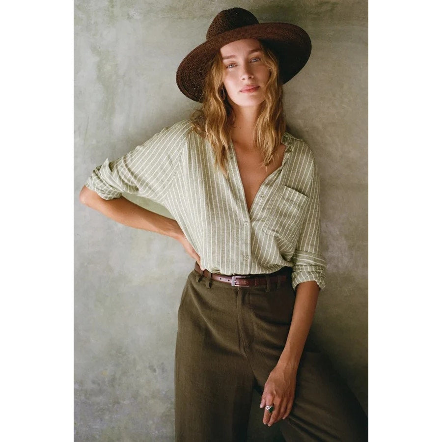 Z Supply The Perfect Linen Stripe Button-Up Shirt Top Meadow Green Small