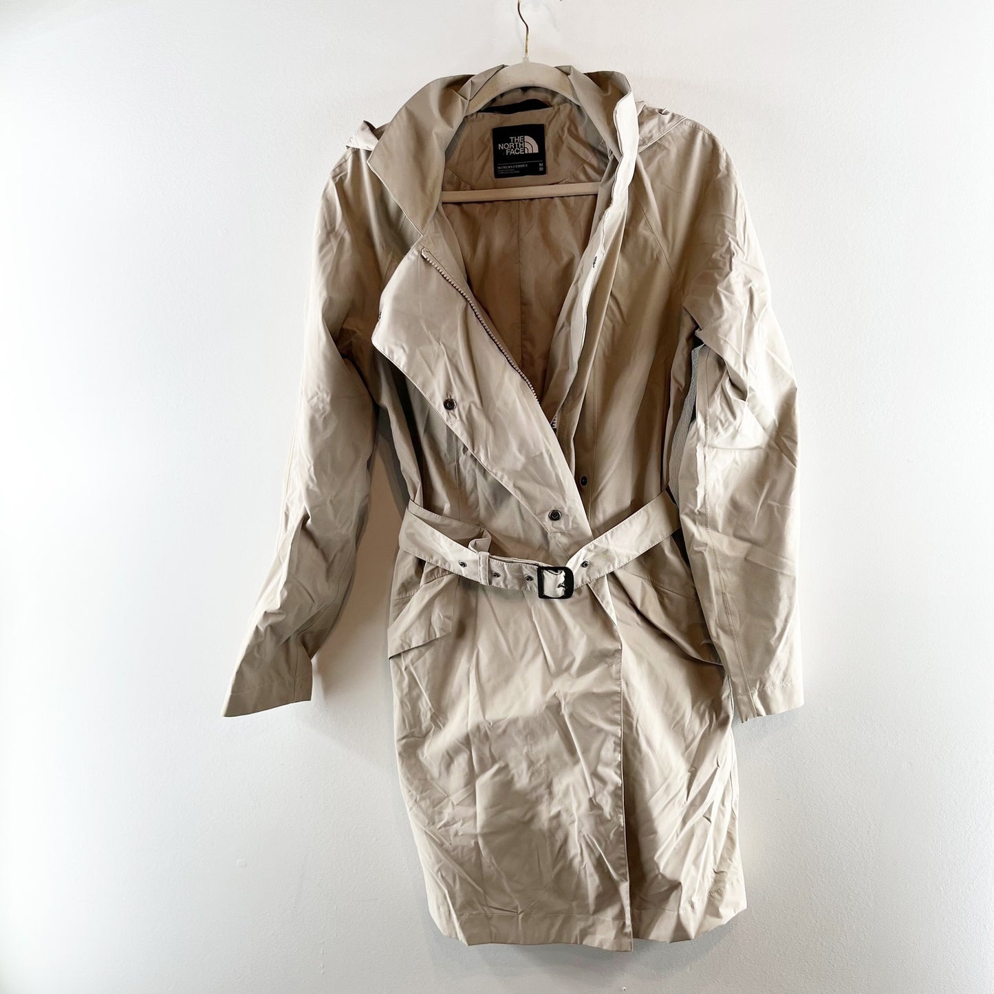 The North Face Kadin Long Sleeve Full Zip Hooded Trench Rain Coat Beige Medium