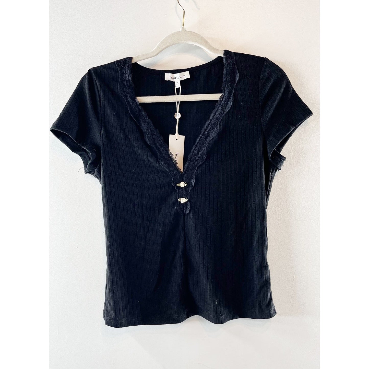Heartloom Aranelle Lace Trim Short Sleeve V-Neck Blouse Top Black Medium