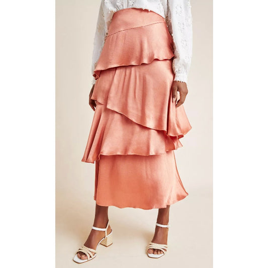 Maeve Anthropologie Cassia Satin Tiered Maxi Skirt Coral Pink Rust Orange 6