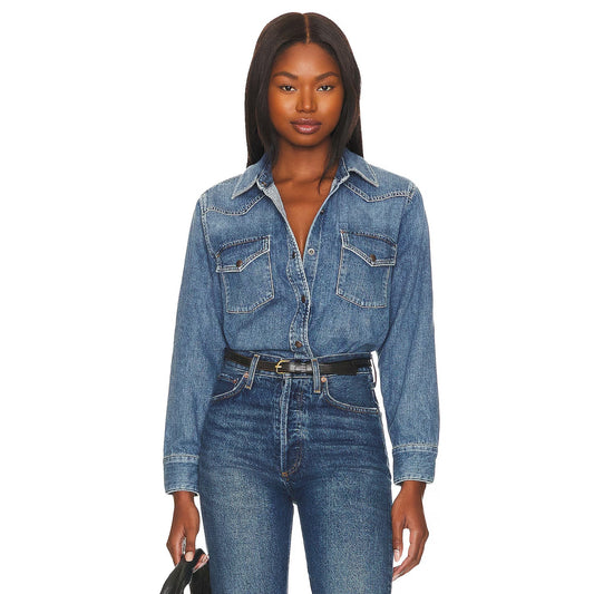 Agolde Glinda Long Sleeve Chest Pocket Button Snap Up Denim Shirt Rhythm XS