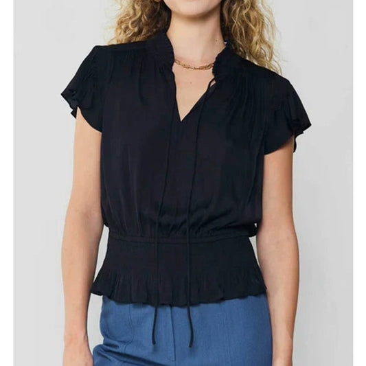 Current Air Los Angeles V-Neck Flutter Sleeve Smocking Waist Blouse Black Small