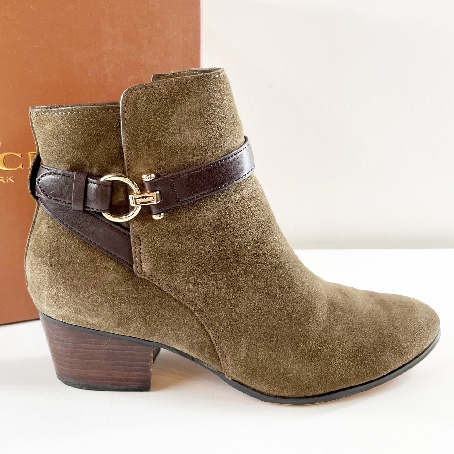 Coach Paulina Block Stacked Heel Suede Ankle Boots Booties Fatigue Chestnut 9