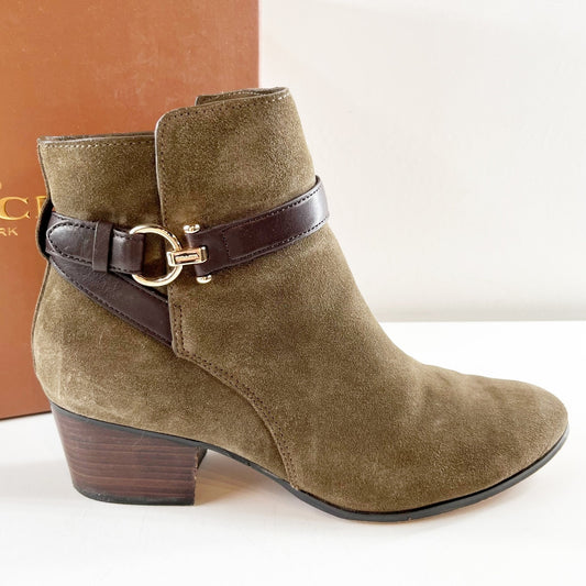 Coach Paulina Block Stacked Heel Suede Ankle Boots Booties Fatigue Chestnut 9