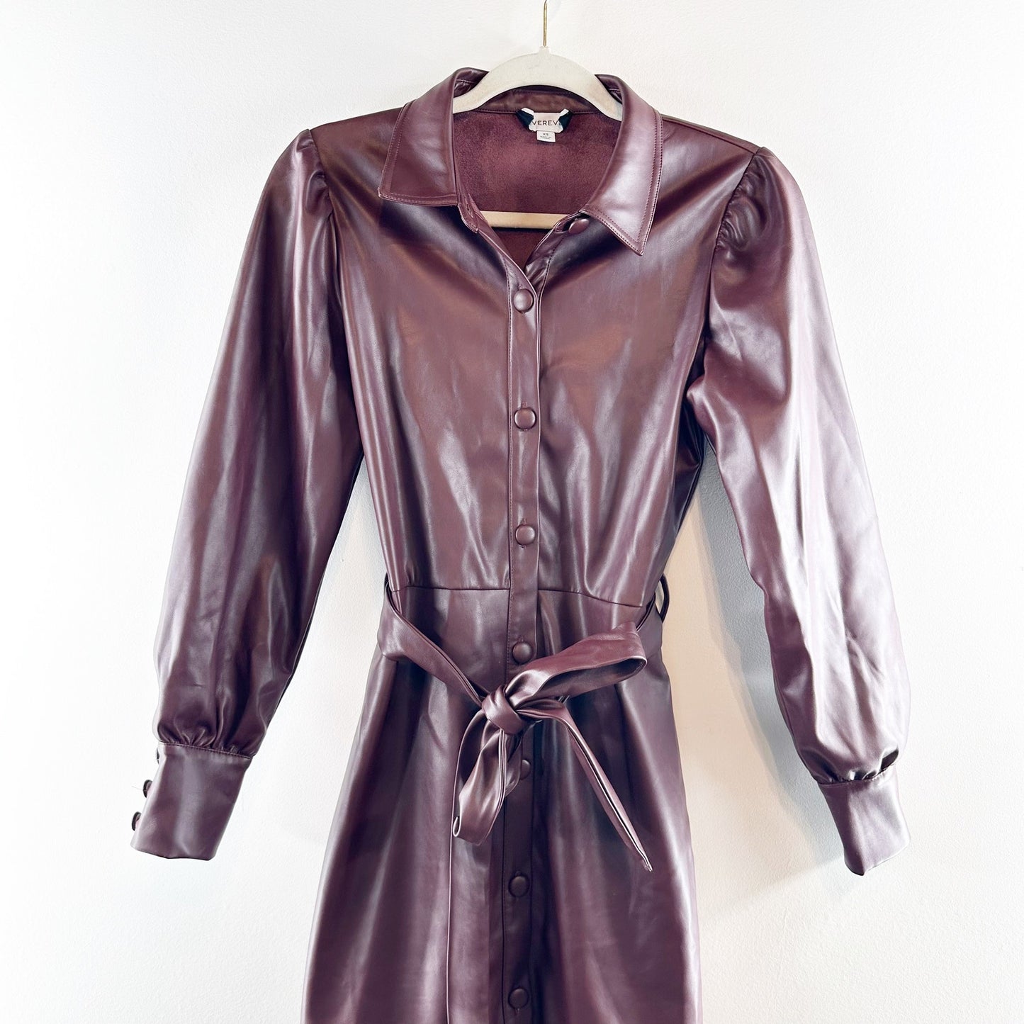 Evereve Isabella Long Sleeve Button Up Faux Leather Midi Dress Burgundy Brown XS