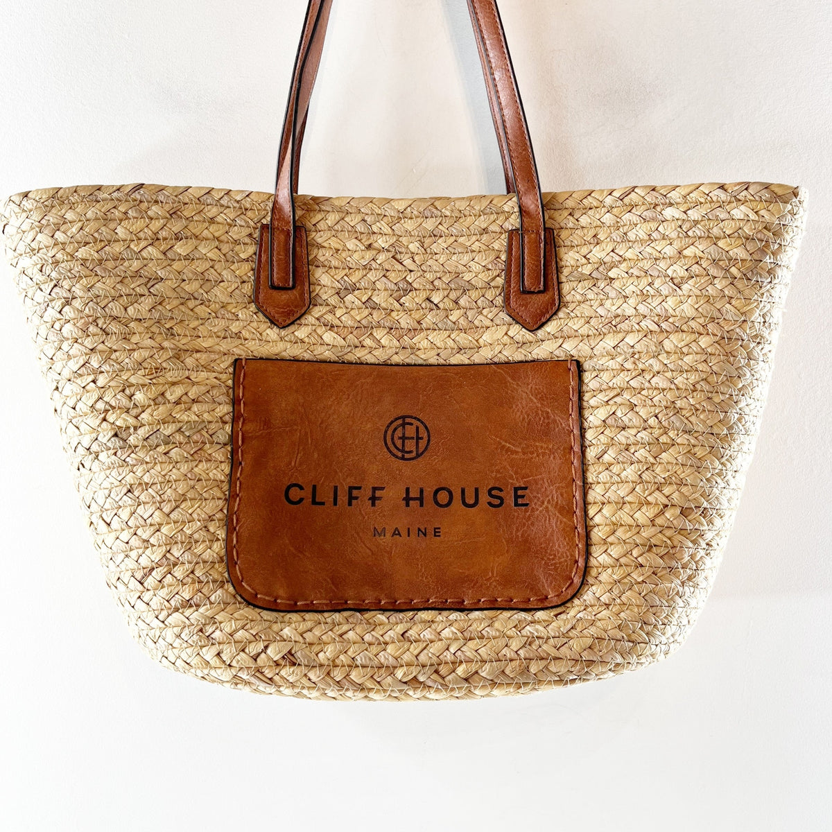 Cliff House Signature Woven Straw Shoulder Strap Beach Tote Bag Brown