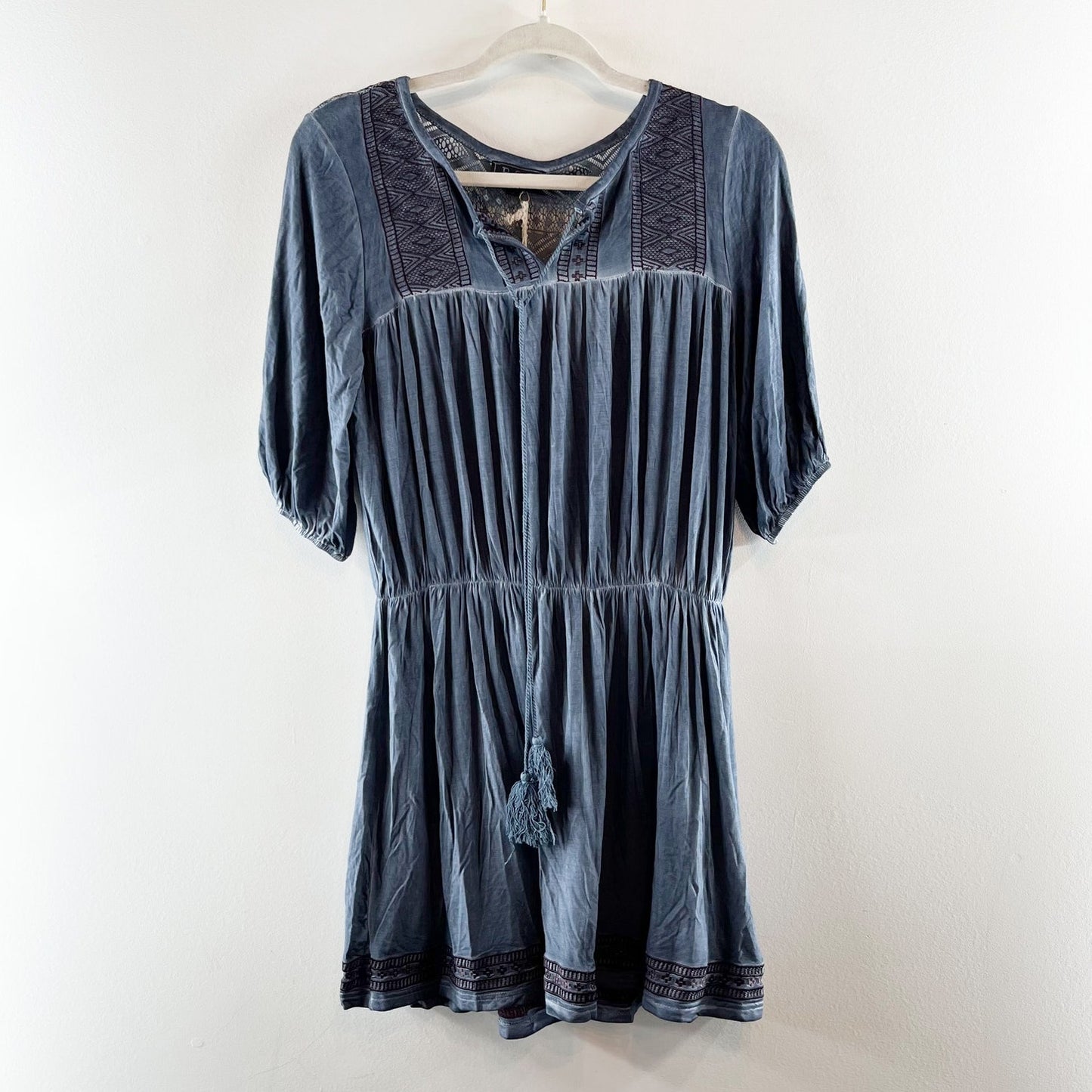 POL Short Puff Sleeve Boho Mini Dress Elastic Waist Tassel Drawstring Blue Small