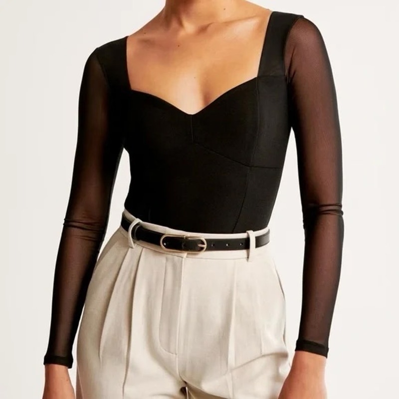 Abercrombie & Fitch Sheer Long Sleeve Sweetheart Neck Bodysuit Black XS