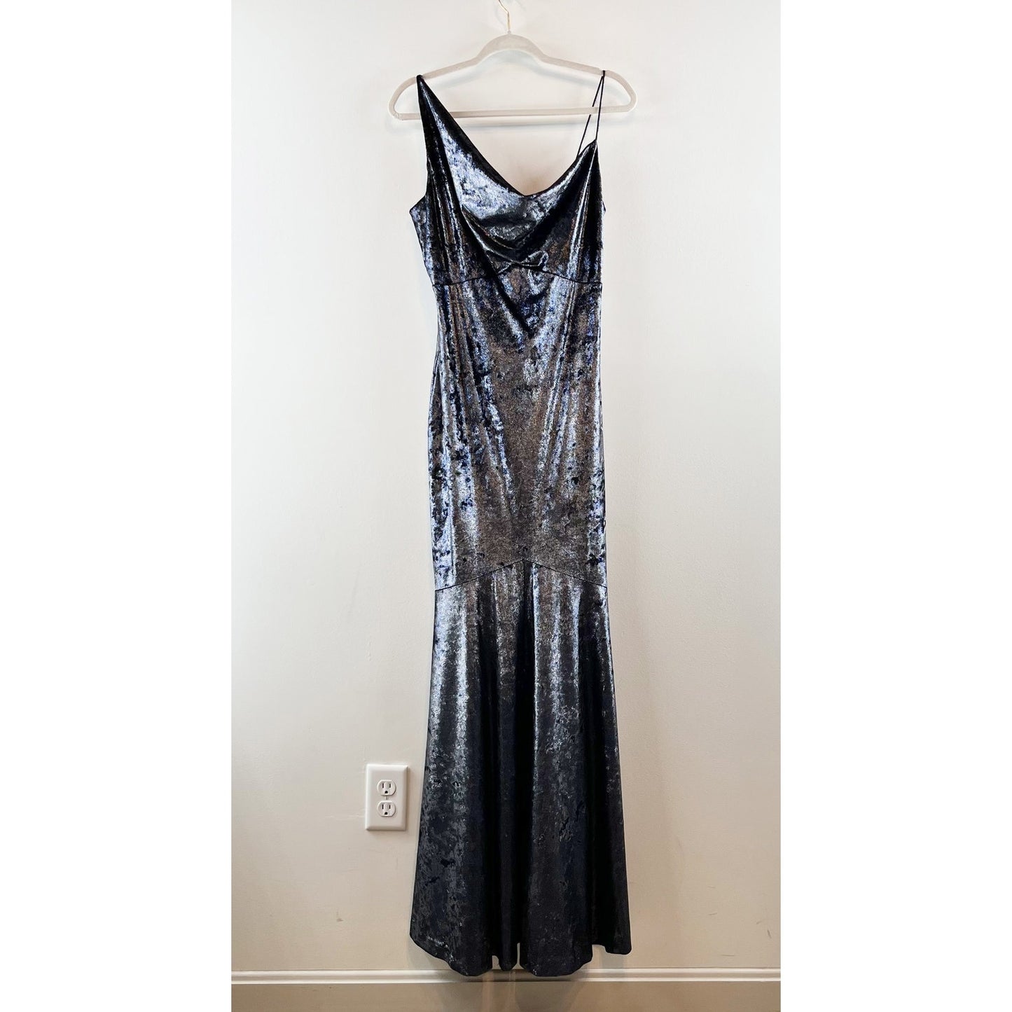 Nicole Miller Metallic Asymmetric Cowl Neck Maxi Mermaid Dress Silver Blue 10