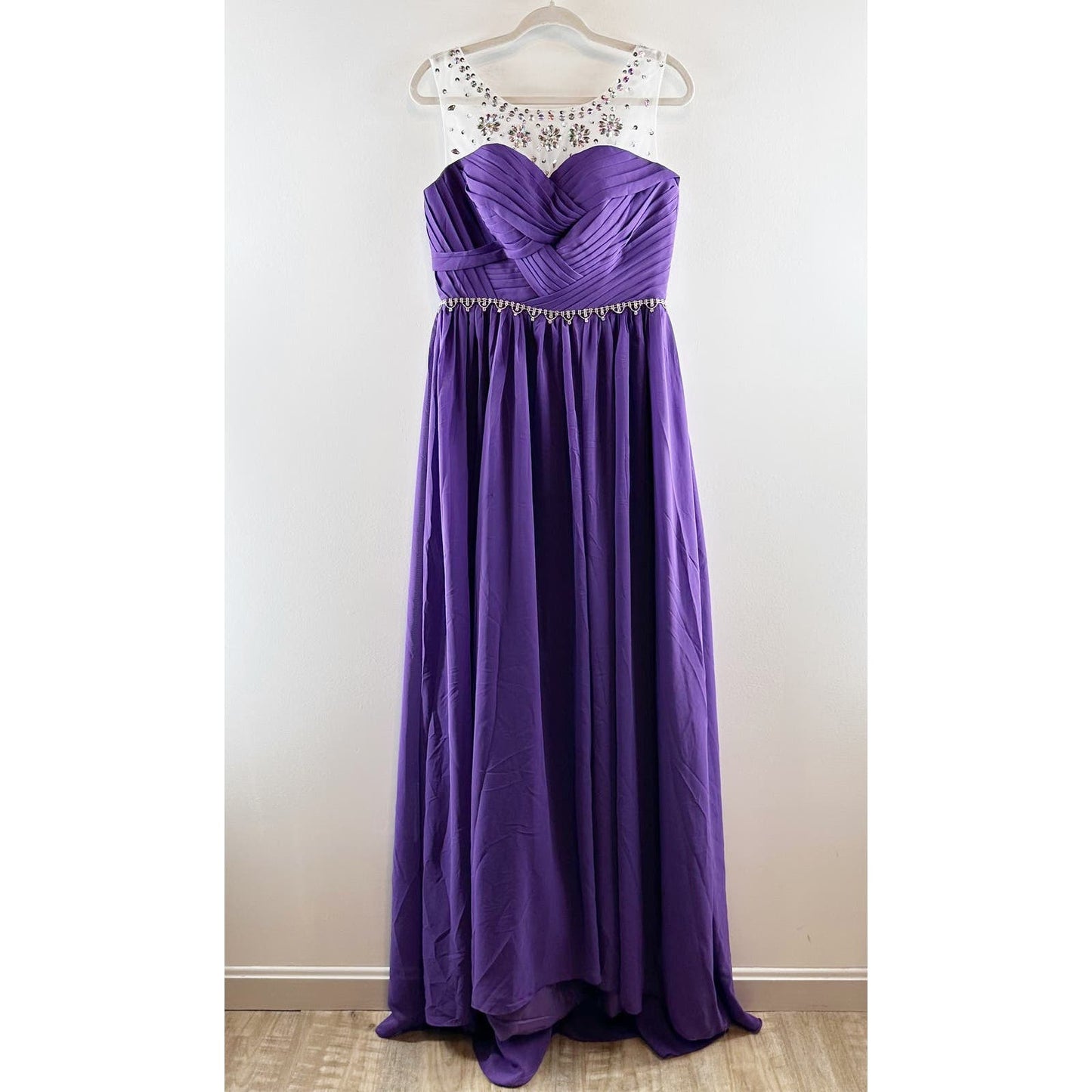 Formal Sleeveless Rhinestone Sheer Neckline Gown Maxi Dress Royal Purple Large