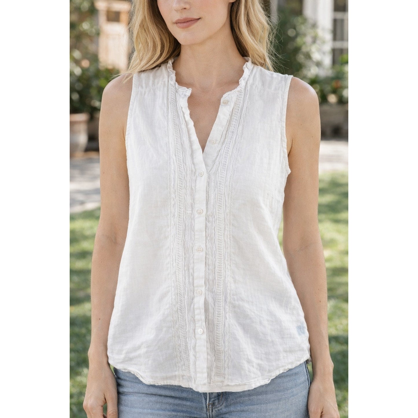 J. McLaughlin Sleeveless Linen Button Up Blouse Tank Top White Medium