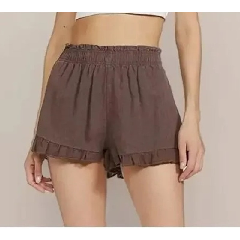 Aerie High Rise Ruffle Hem Linen Blend Pull On Shorts Brown Large