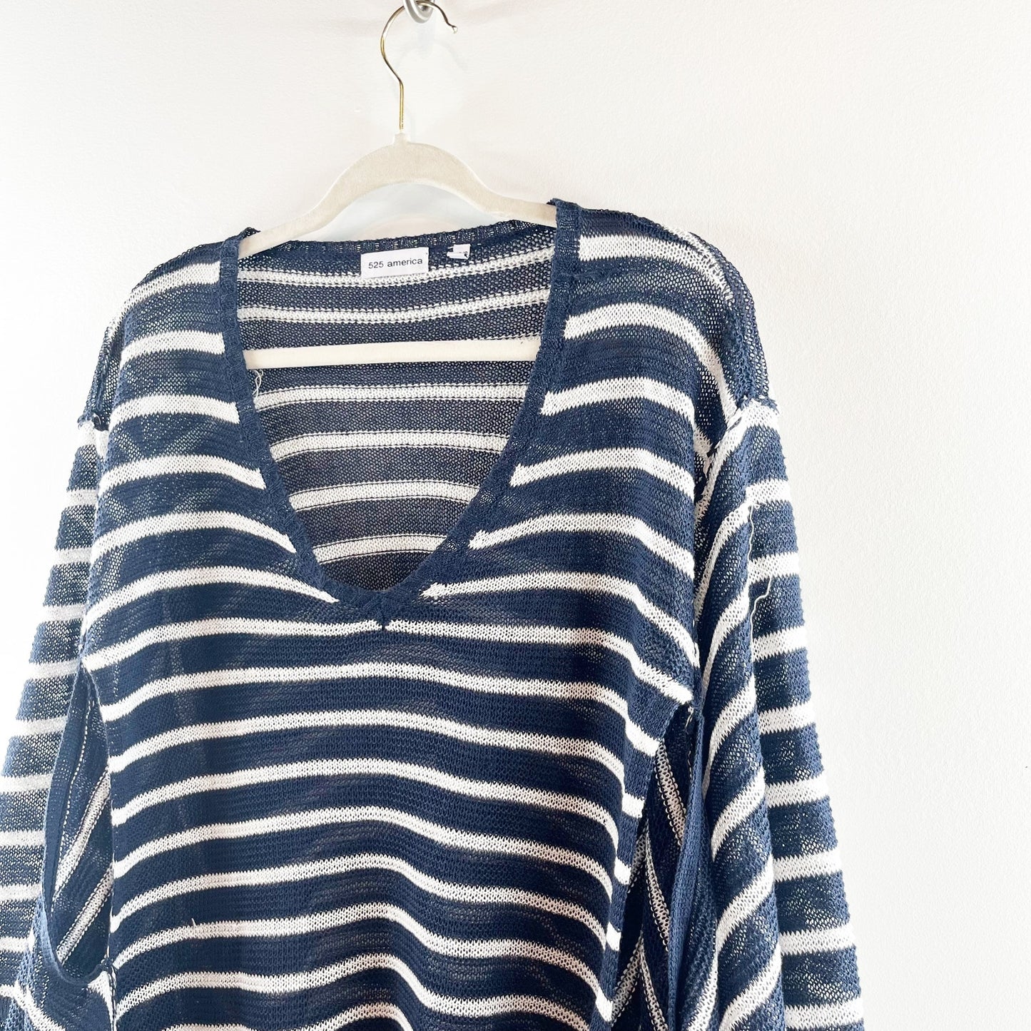 525 America Linen Striped Fringe Trim Poncho Sweater Navy Blue White XS / S