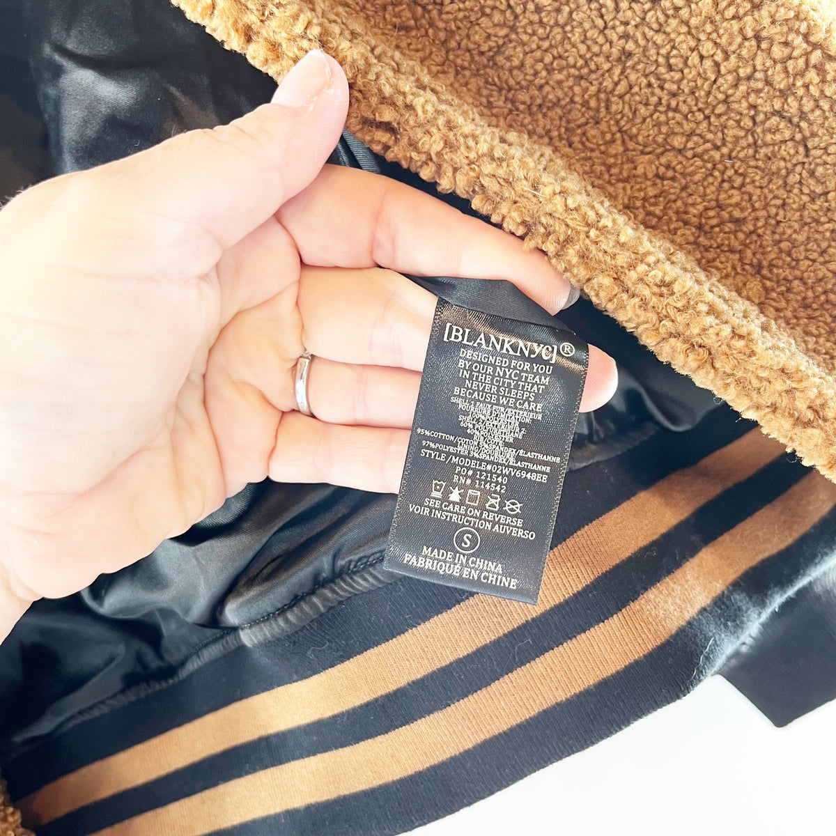 Blank NYC Sherpa Varsity Bomber Jacket Black Brown Cinnamon Spice Small