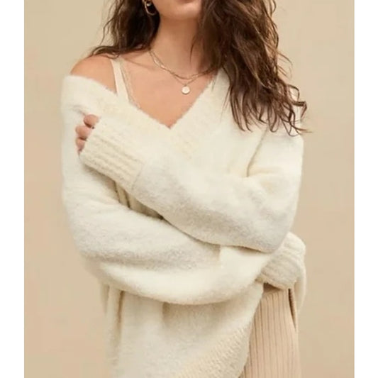 Aerie Teddy Boucle V Neck Oversized Sweater Cream Ivory White XS